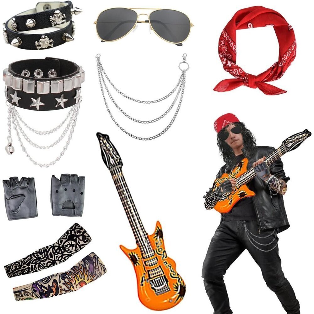 80s Rocker Costume Set Accessories Unisex Party Outfit Guitar Sunglasses